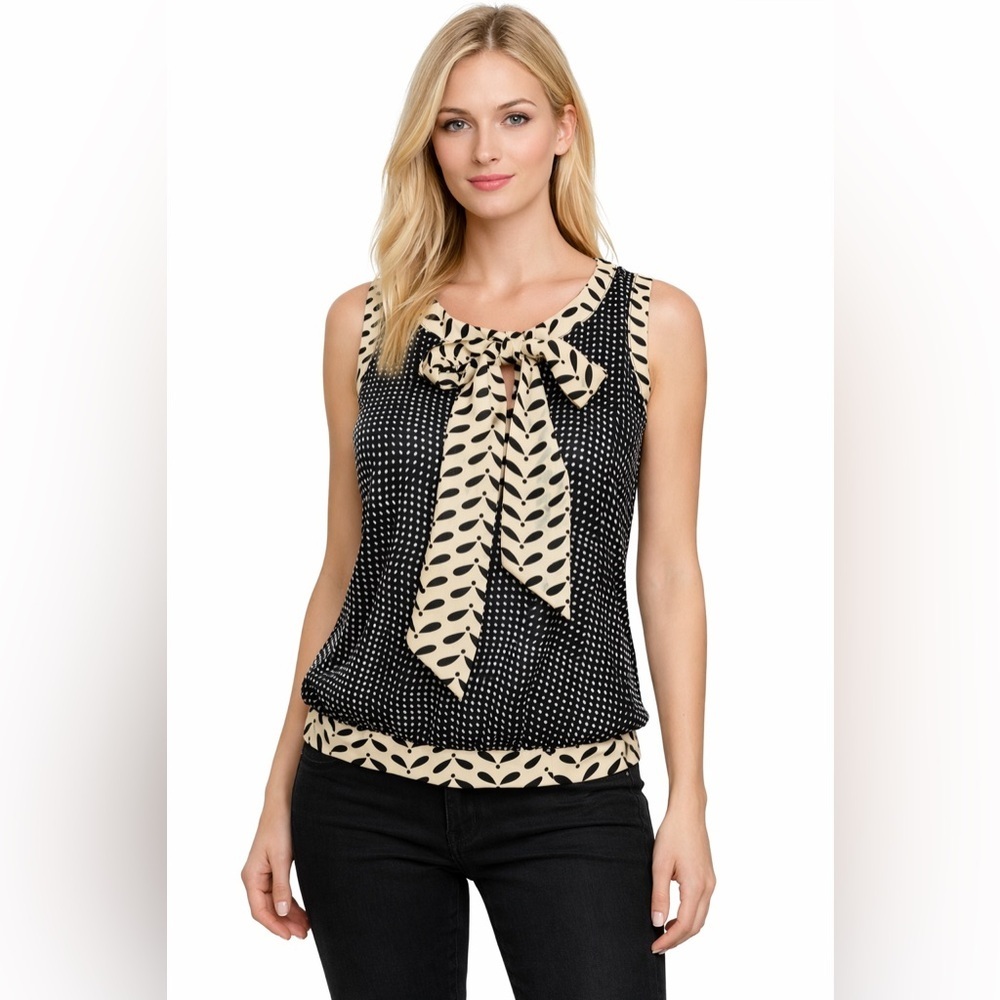 New Directions Petite PS Black Tan Polka Dot Sleeveless Bow Tie Blouse Top